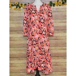 Harlow & Rose Dark Floral Boho Chic Maxi Dress Size L V-Neck 1/4 Button Front